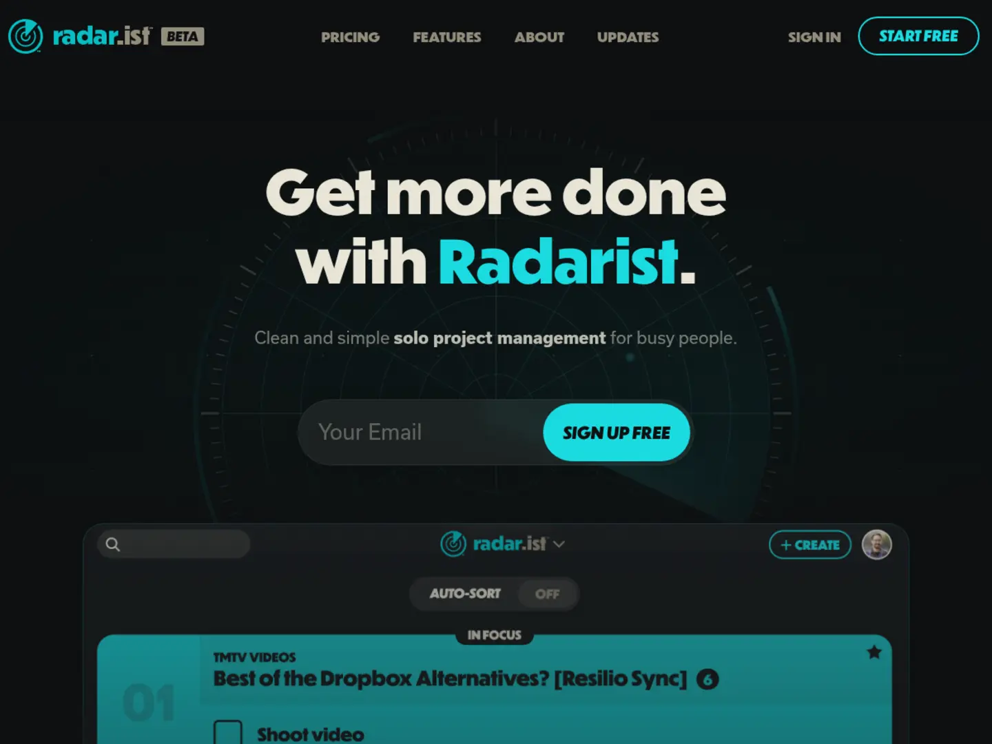 The Radarist homepage shown in a landscape tablet frame