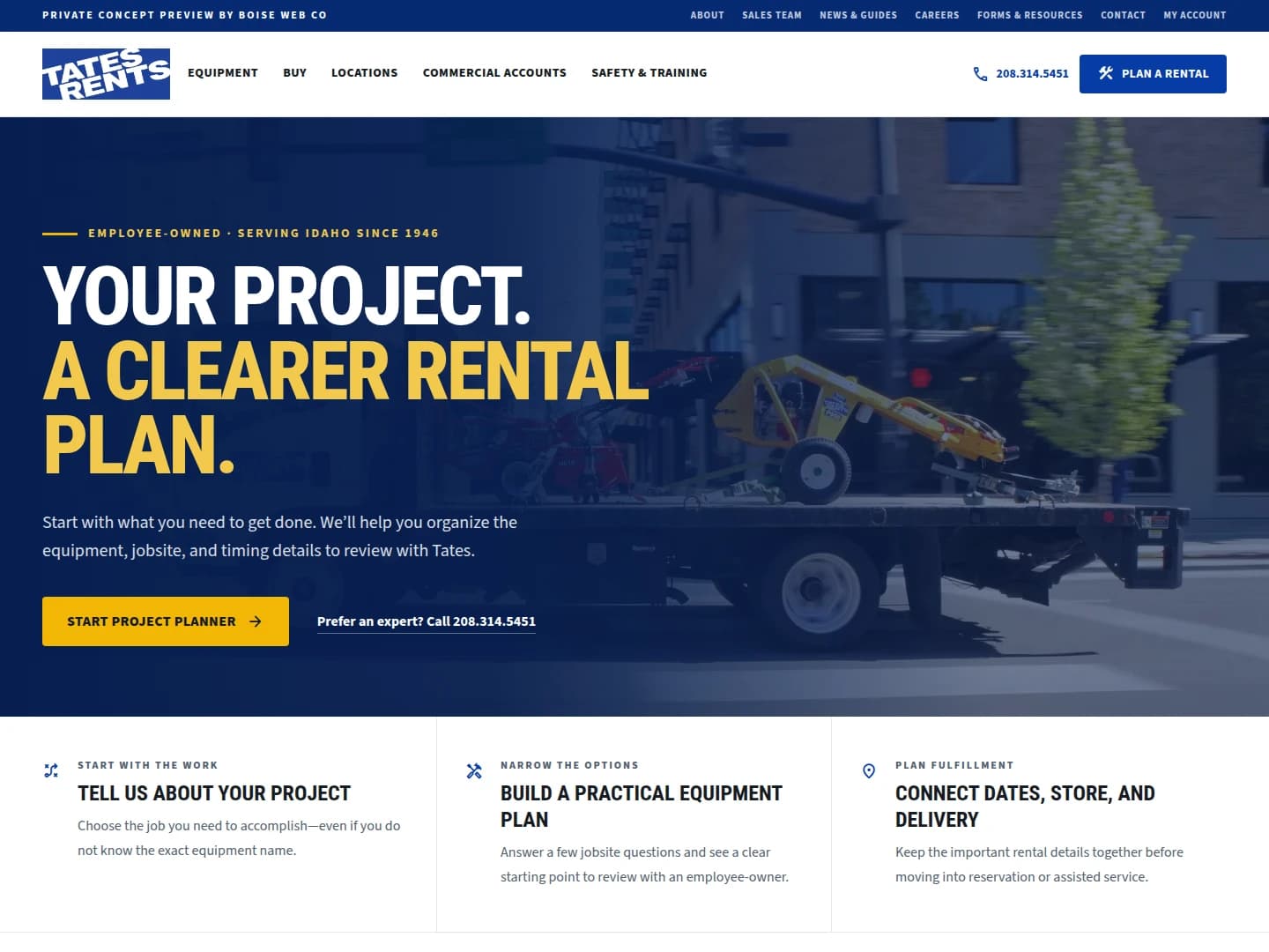 Tates Rents proposed homepage with a clear starting point for customers