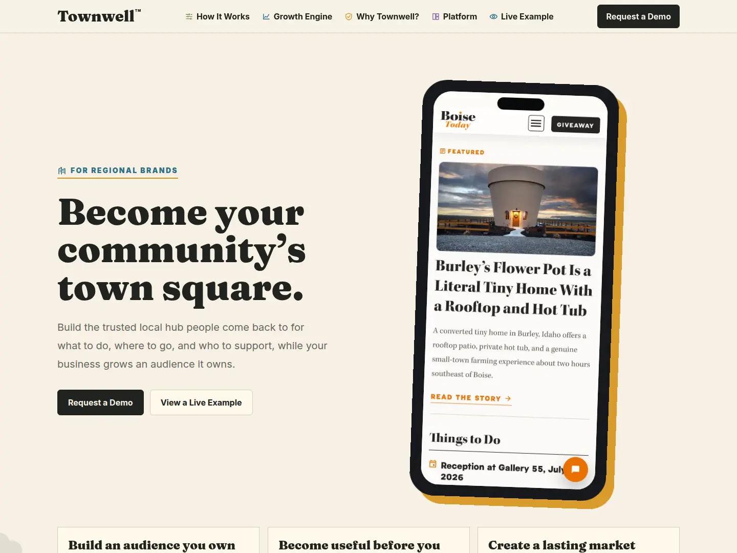 The Townwell homepage shown in a landscape tablet frame