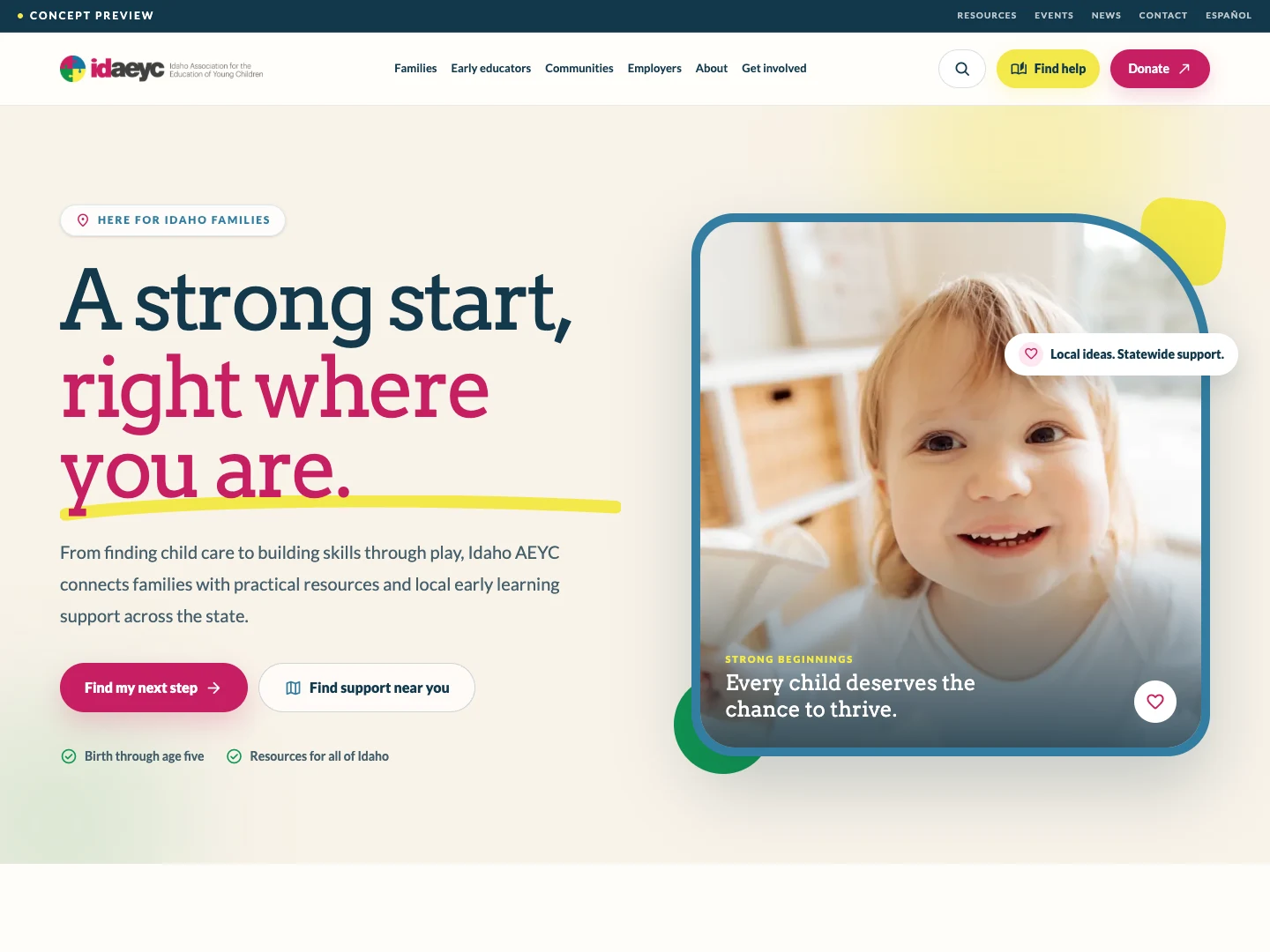 Idaho AEYC concept homepage with family-focused messaging and resource-guide actions