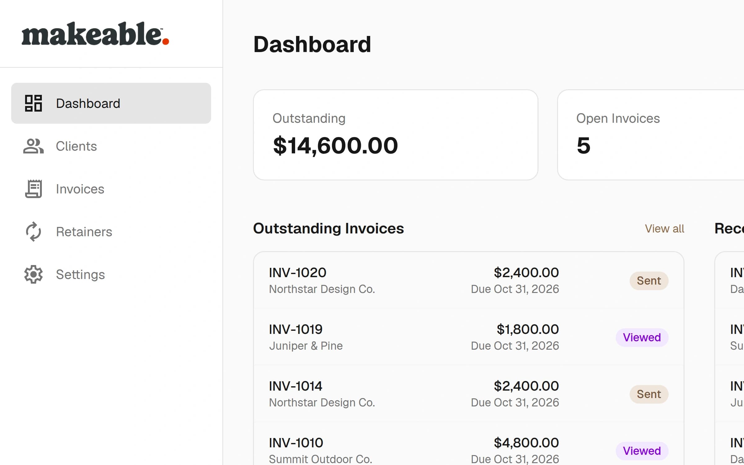 A close view of Makeable Billing navigation, outstanding balance, and fictional invoices