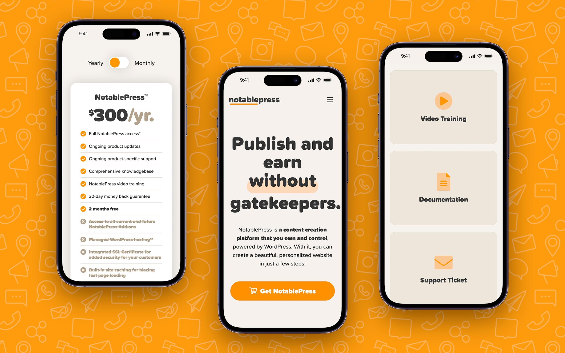 Archived NotablePress mobile marketing, subscription, and support designs with all three phones visible