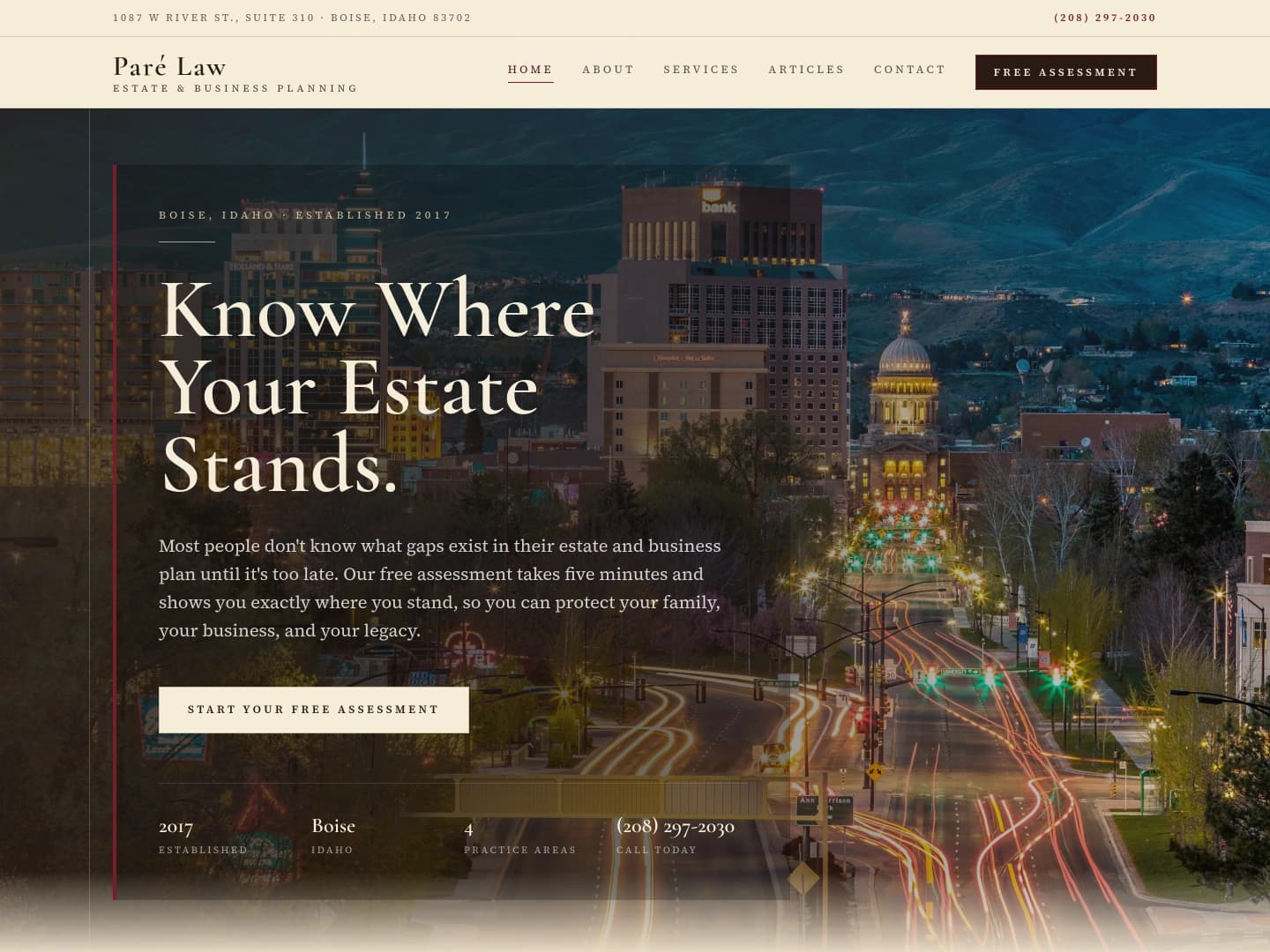Paré Law website prototype with Boise photography, serif typography, and a clear assessment starting point