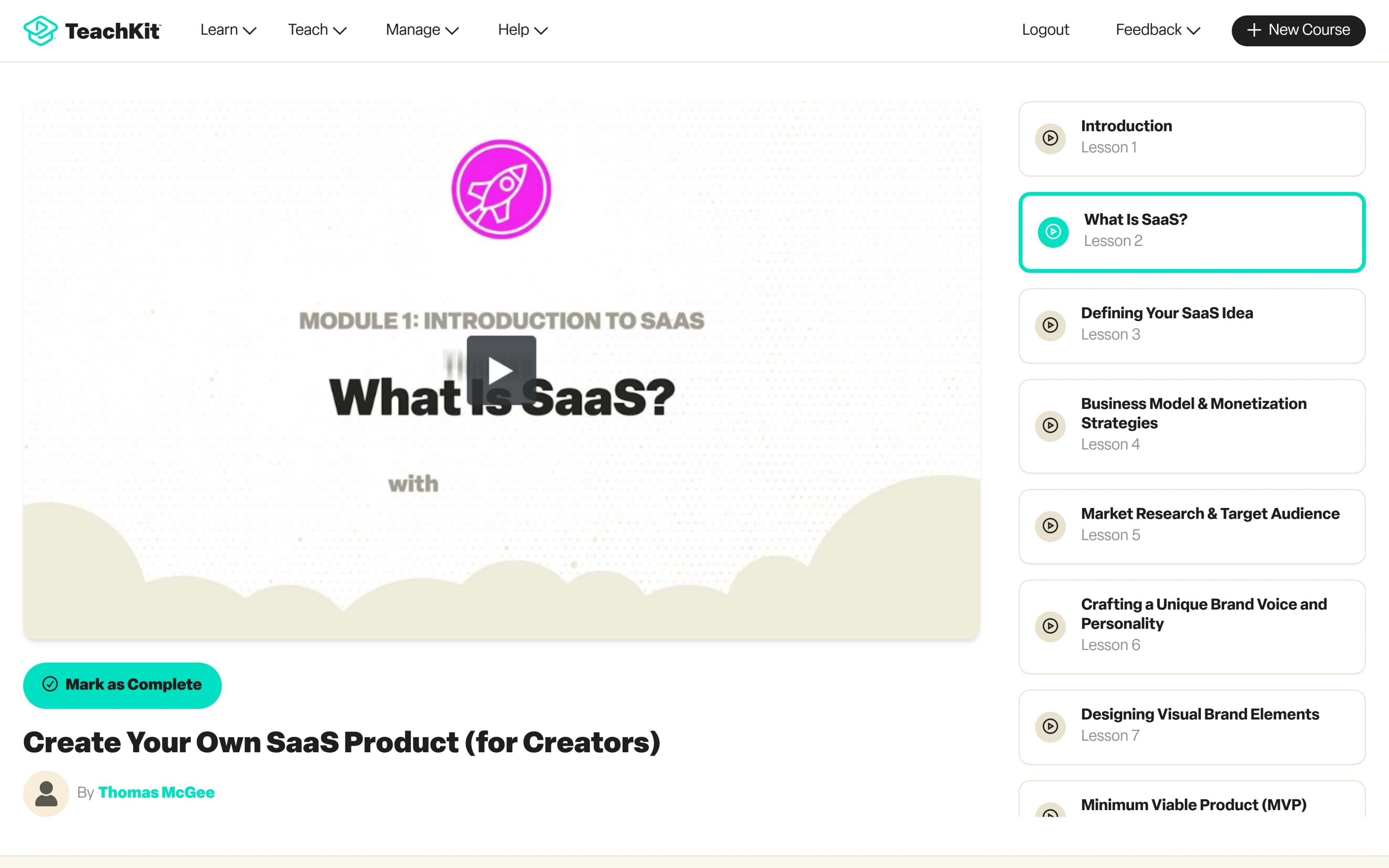 TeachKit lesson player and curriculum for Thomas McGee’s existing SaaS course