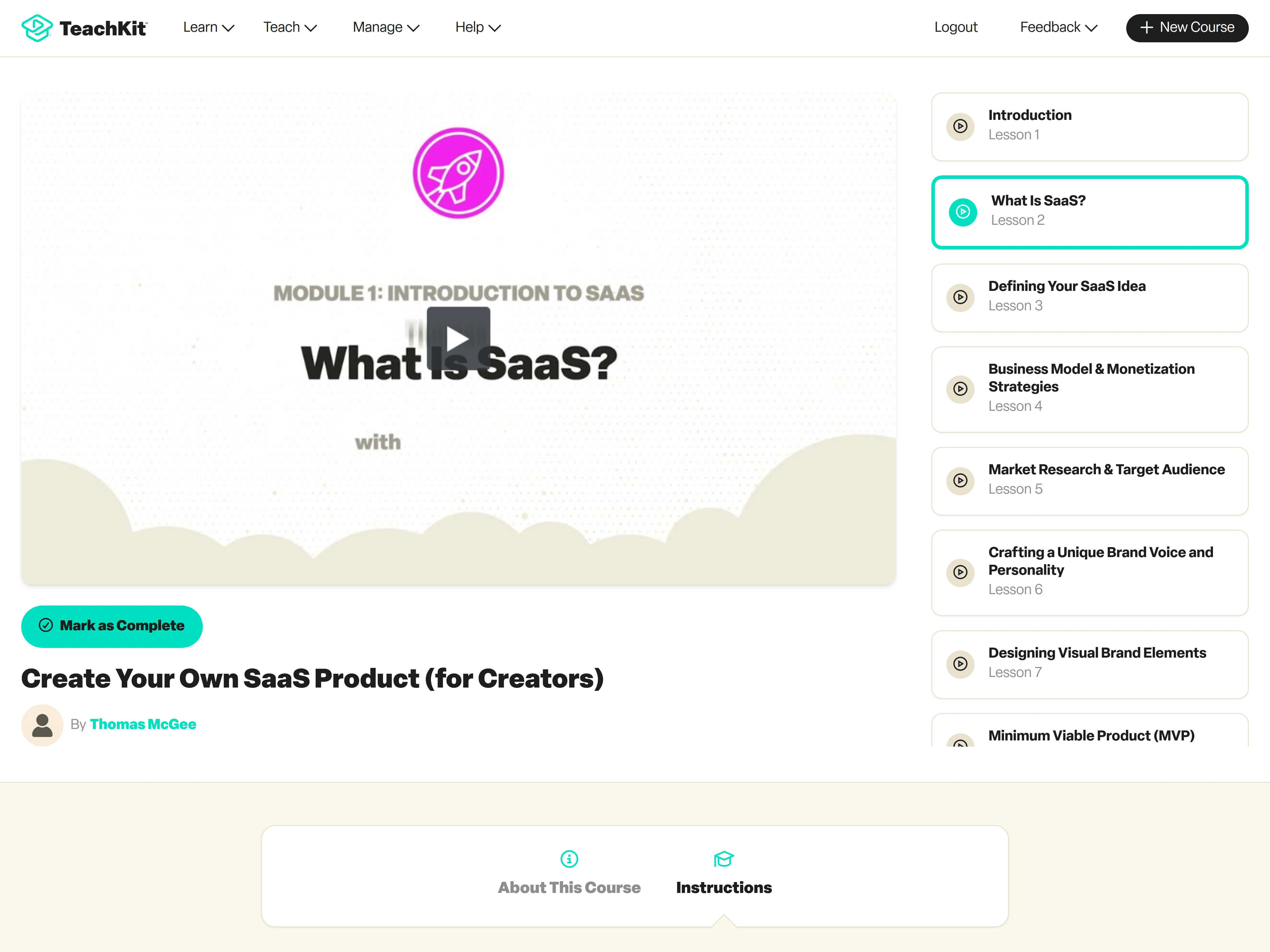 TeachKit learner view showing Thomas McGee’s existing SaaS course