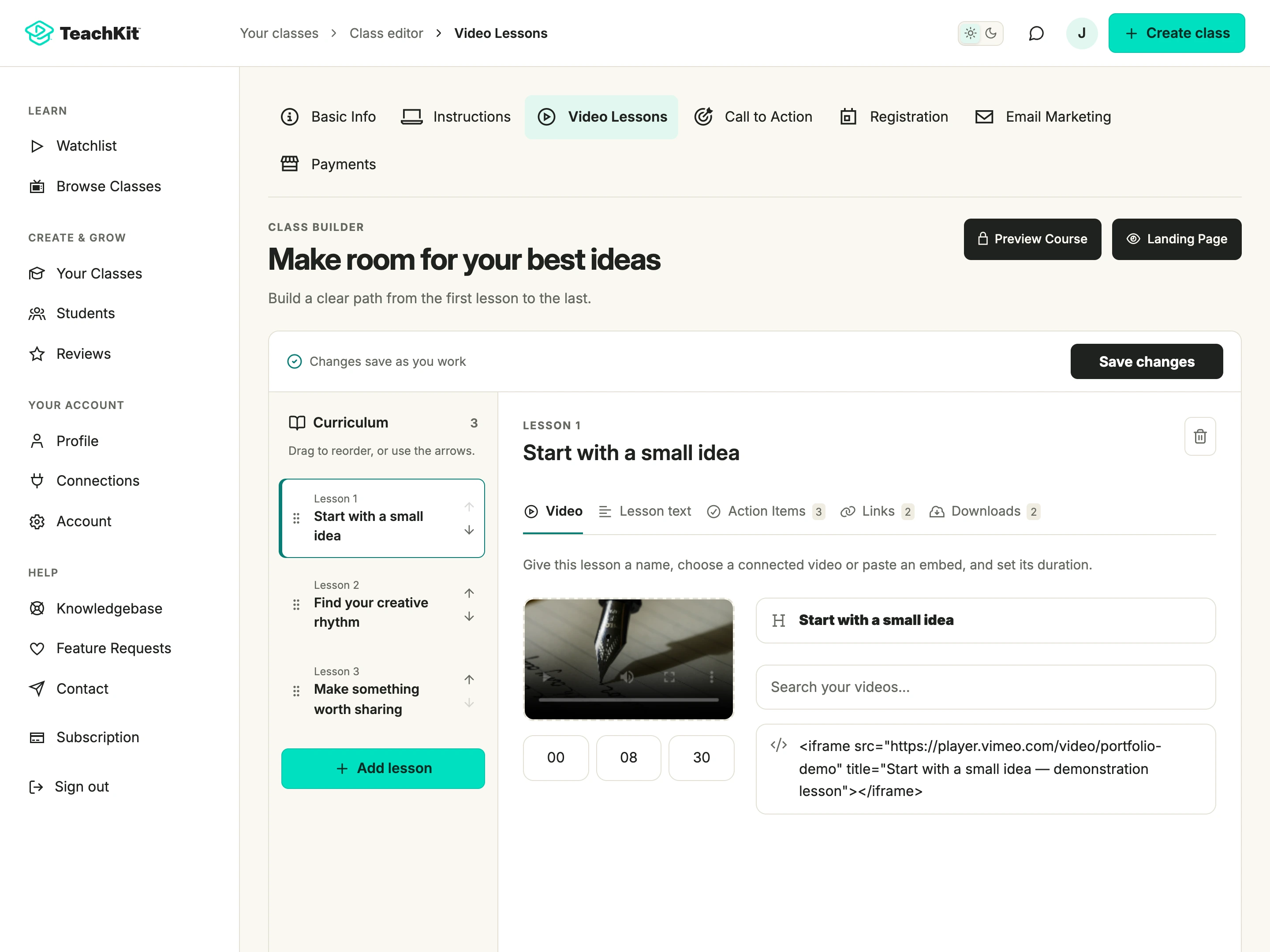 TeachKit’s redesigned course builder in light mode, using a fictional creative-practice course