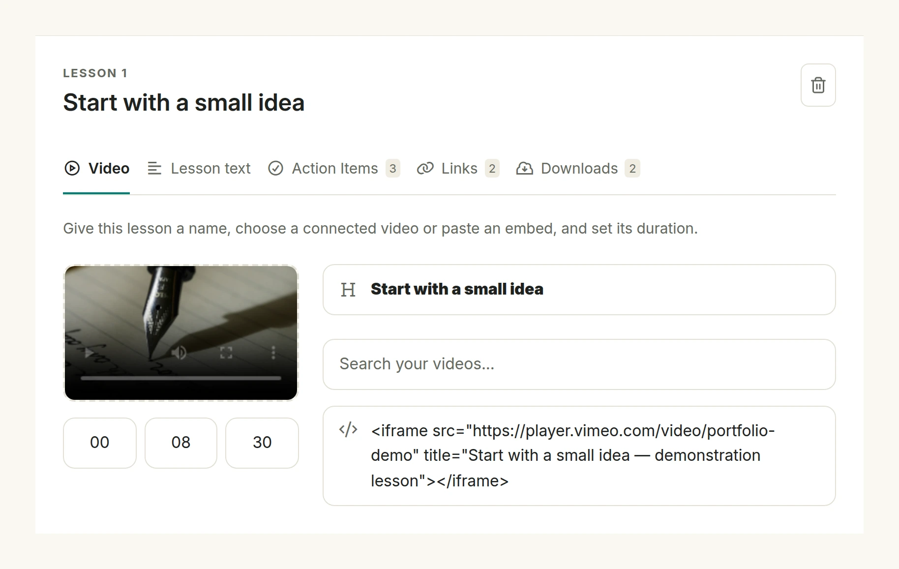 TeachKit’s redesigned course builder in light mode, using a fictional creative-practice course