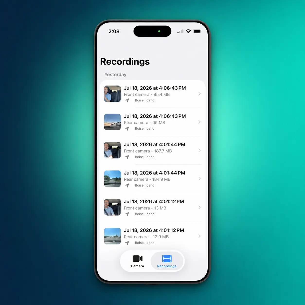 MightyDash recordings organized by day with thumbnails and useful clip details