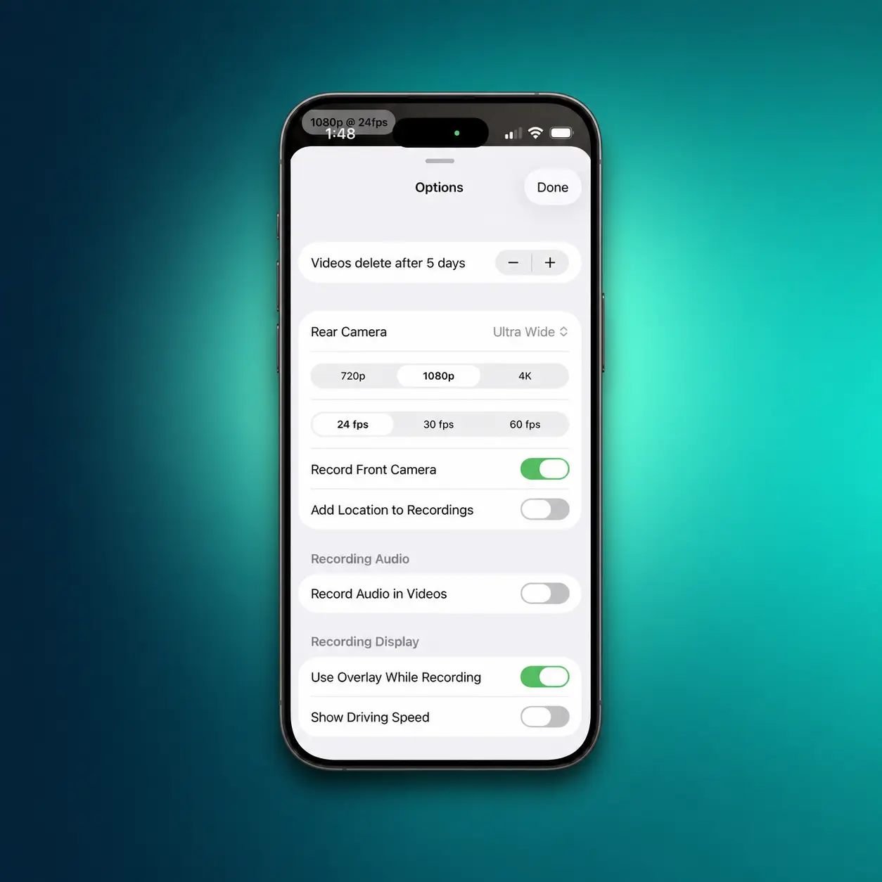 MightyDash recording options for retention, camera, video quality, audio, location, and display settings